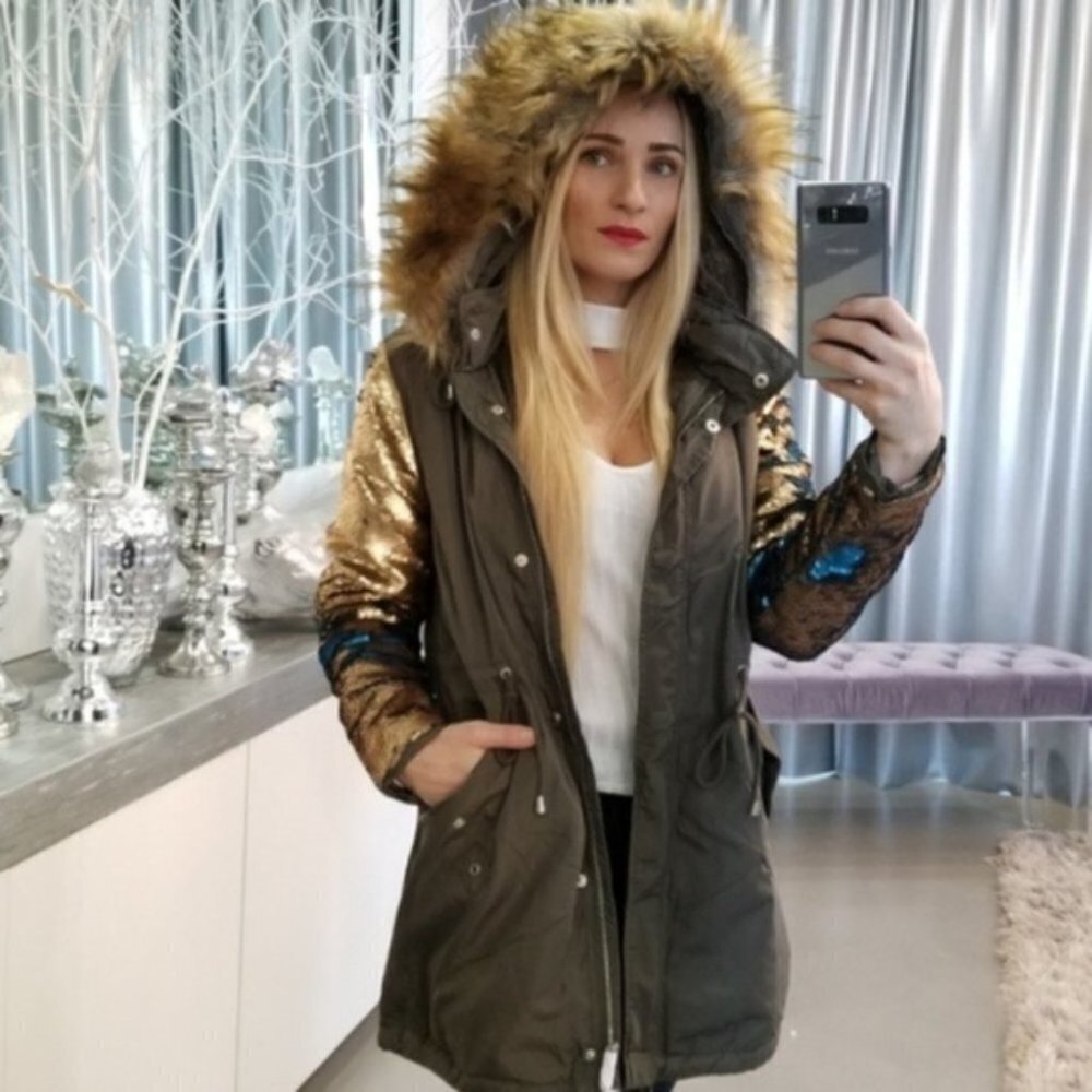 PARKA COAT WITH SEQUIN SLEEVES